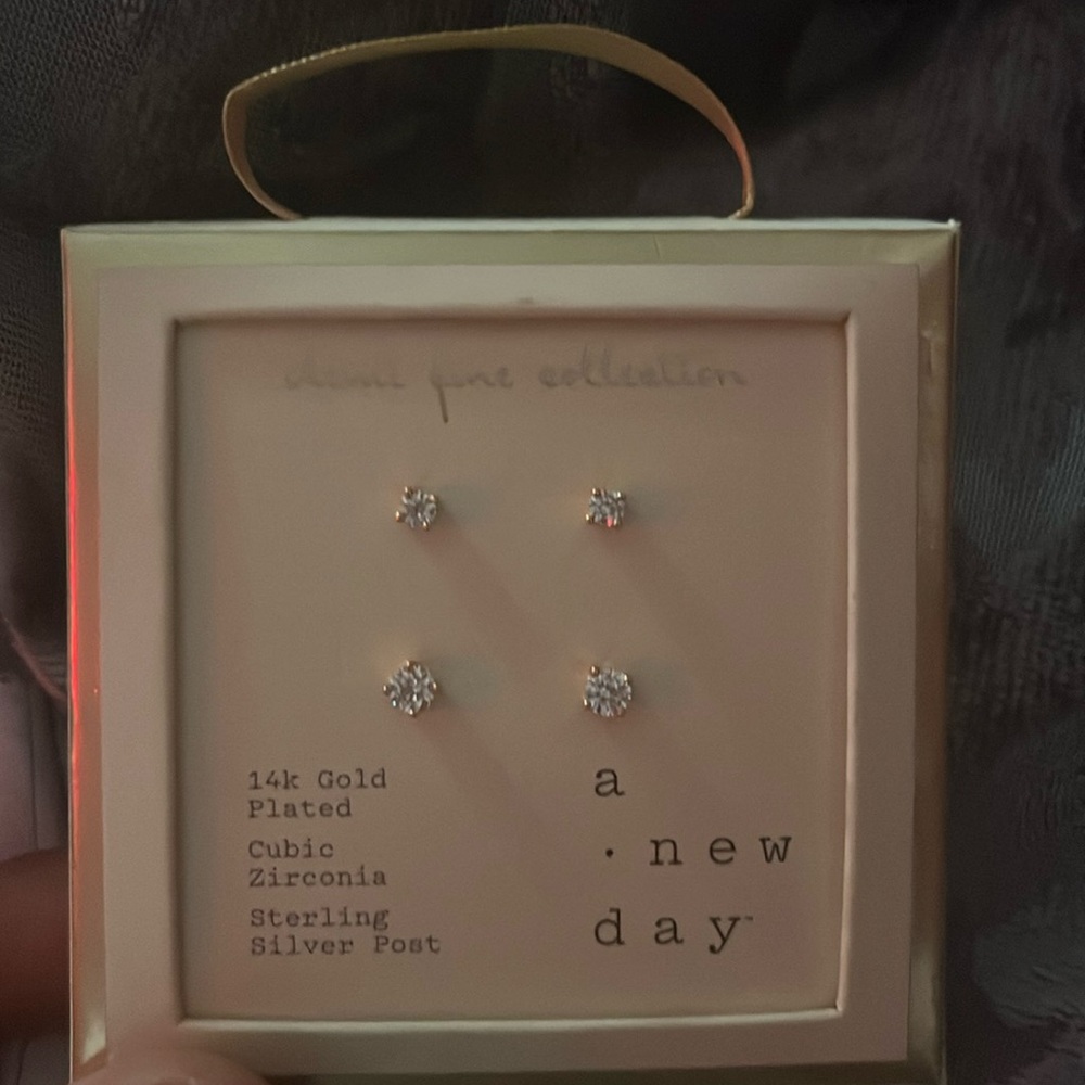 14k Gold Plated Cubic Zirconia Stud Earrings 2pairs! BRAND NEW IN PACKAGING!